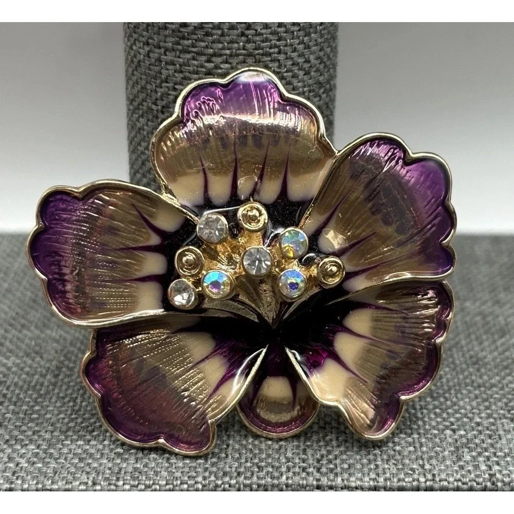 Anne Klein Signed Purple Enamel Pansy Flower Brooch Pin Crystal AB Rhinestone